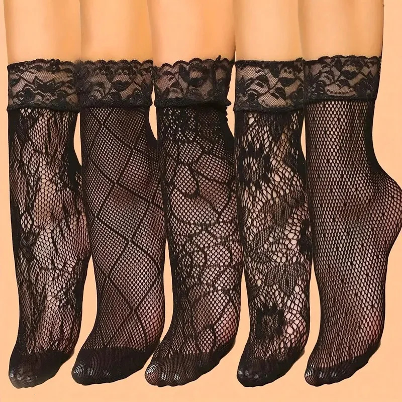 5 Pairs Lace Women Mesh Socks Summer Elastic Transparent Ankle Vintage Lolita Versatile Fishnet Net Black Sock 260923