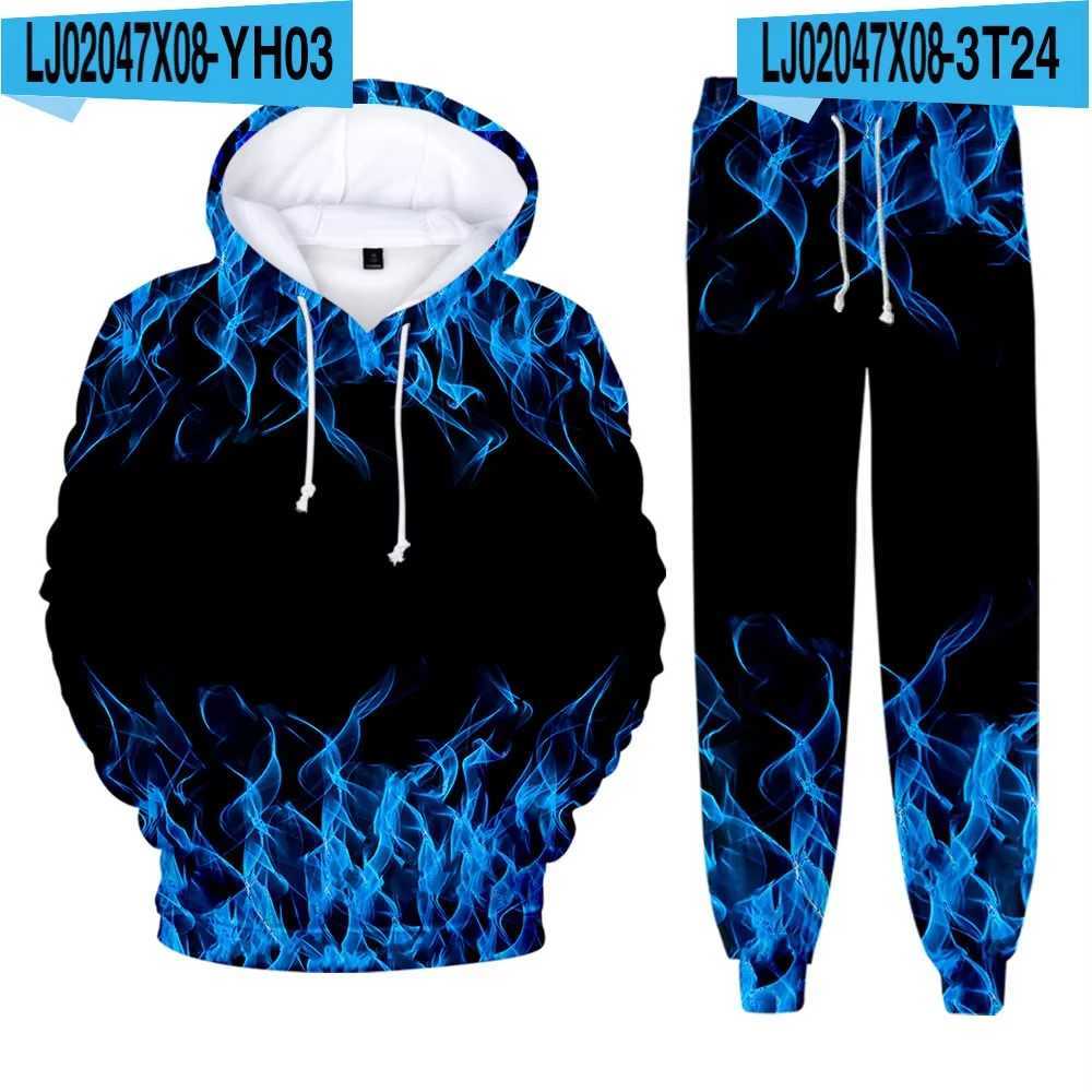 Men's Hoodie Pant Set Blue Flame 3d Print Sets Men Women Fashion Hoodie +Pants 2Pcs Sets Sports Casual Two Piece Tracksuit Suits T260924