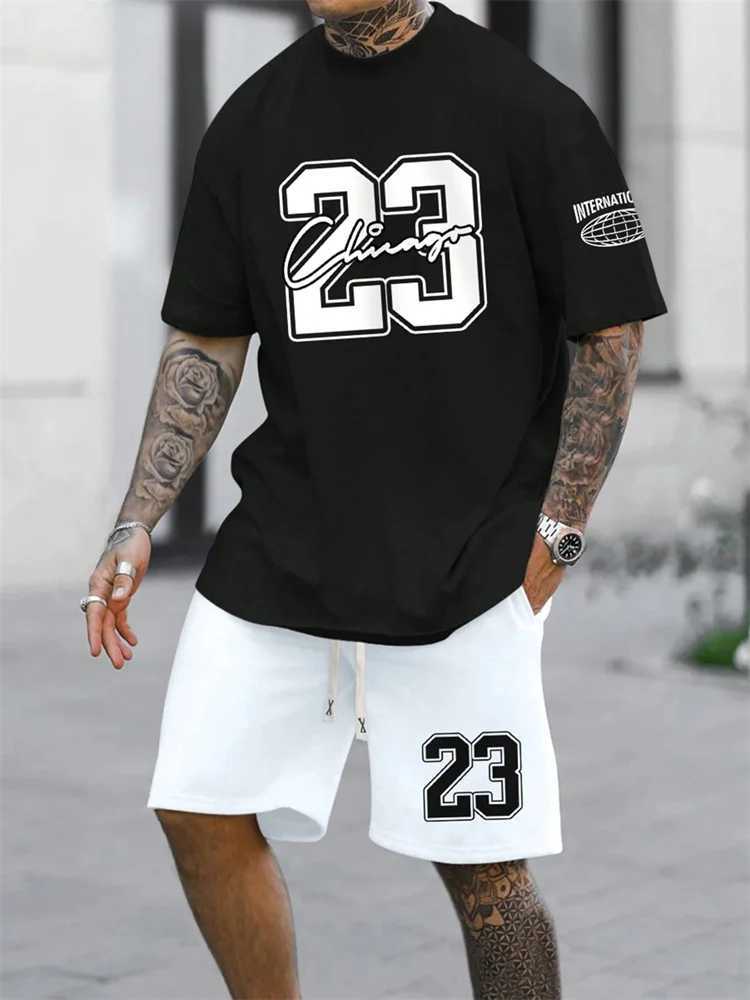 Summer Men's Short Sleeve T-shirt Shorts 2-piece Set Plus Size T Shirt Clothing O-neck T-shirts Side Pocket Elastic Waist Shorts T260924