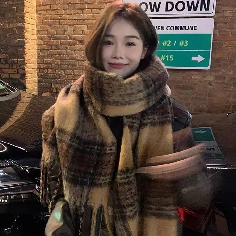 Retro Mohair Plaid Wool Scarf Thicken Winter Cashmere Scarves Tassel Warm Long Shawl Girl 260924
