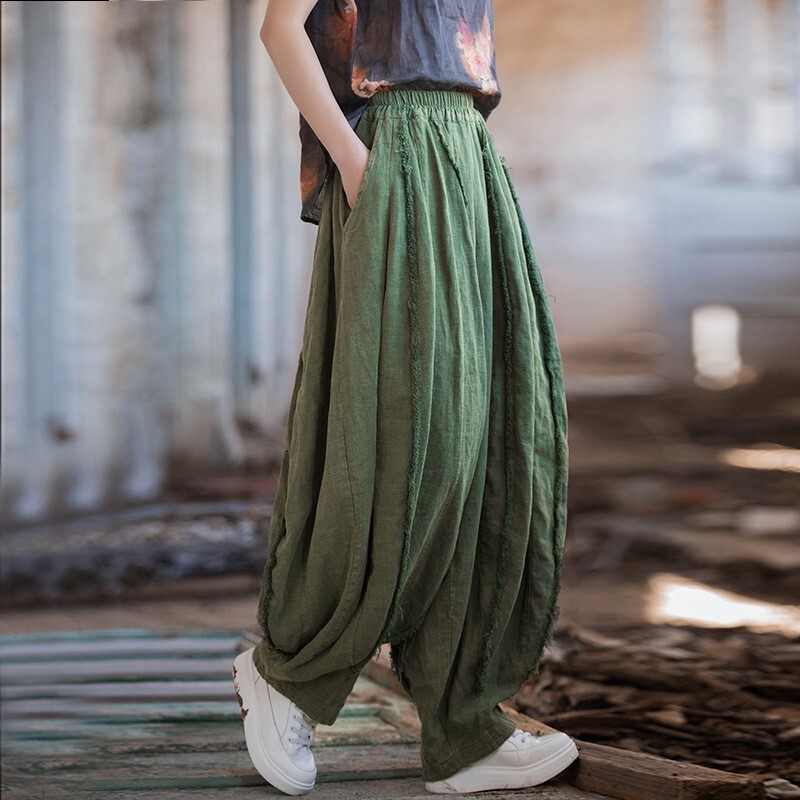 Johnature Vintage Solid Color Loose Ramie Trouser 2025 Spring New Elastic Waist Pockets Women Long Pants