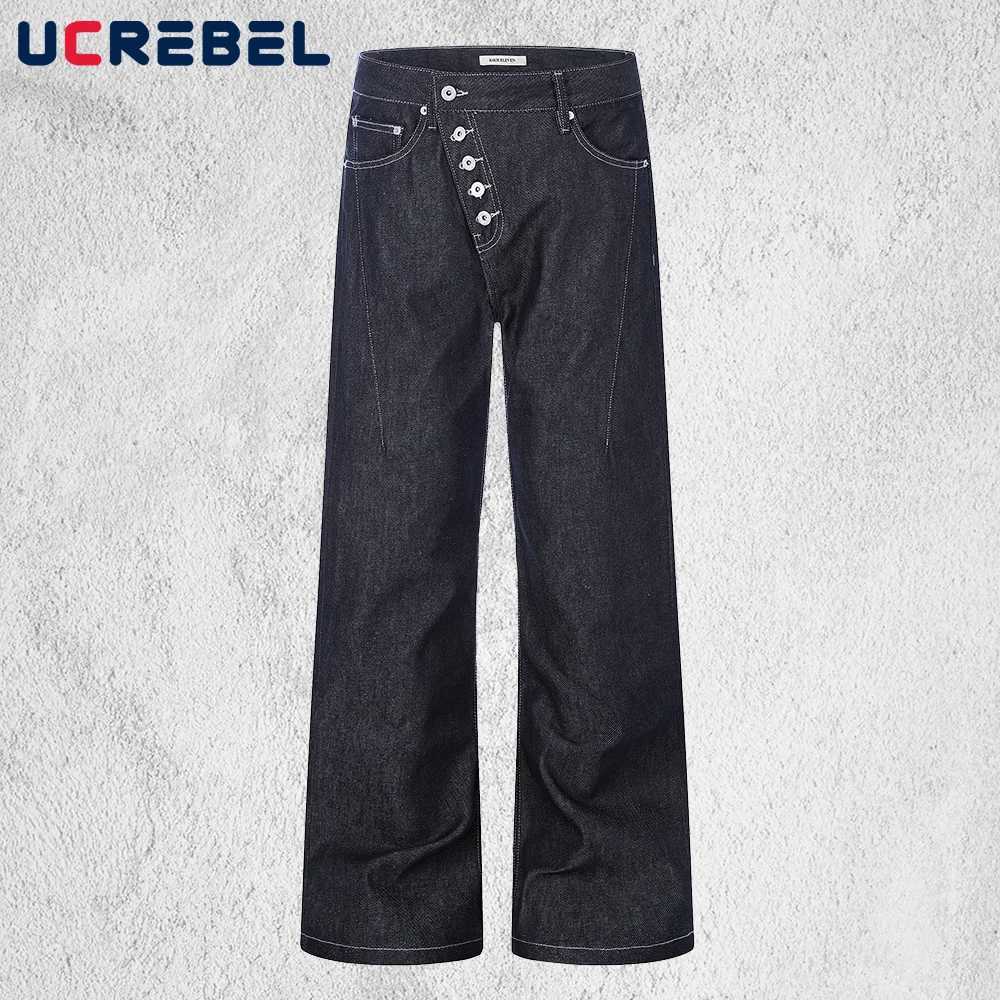 Single Breasted Raw Jeans Mens Topstitch Retro High Street Straight Baggy Denim Pants Man S26092429FU