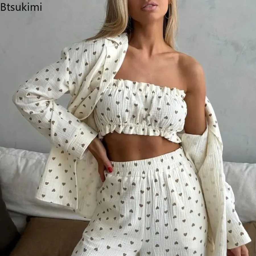Women's Sleep Lounge New 2026 Women's Three-piece Pajama Set Love Printed Casual Spring Summer Lapel Vest Long Sleeved and Long Pants Set