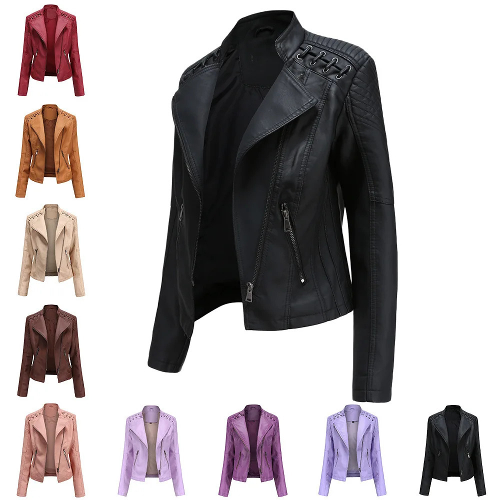 Short Brown Women's Purple Long Sleeve PU Coat Fashion Motorcycle Women Leather Jacket Autumn Black Lady's Jaqueta 260923