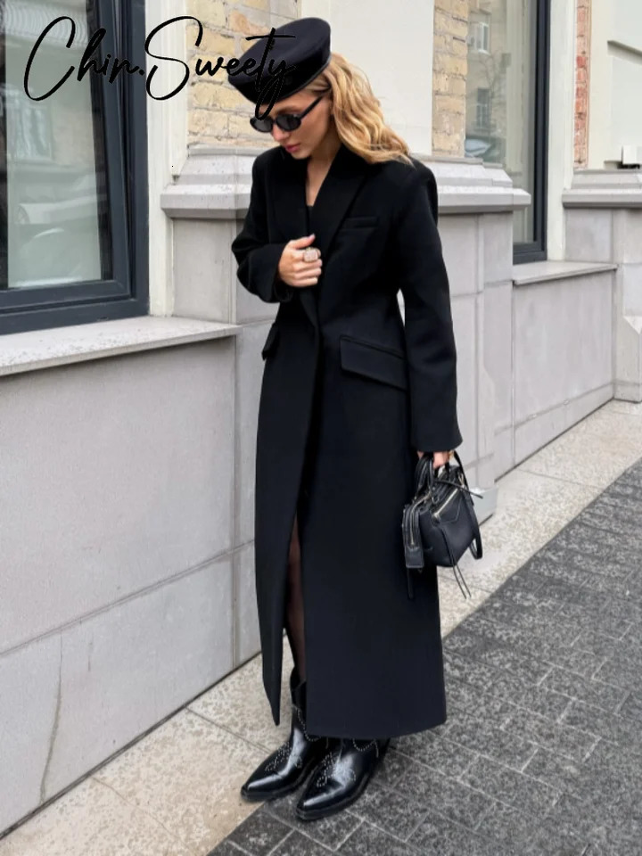 Elegant Women's Woolen Coat Black Single-Button Stand Collar Slim Lady Long Coats 2026 Autumn Winter Chic Female Streetwear 260924