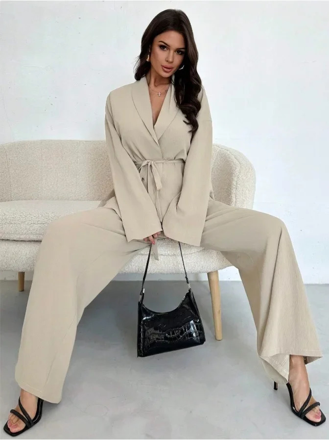 Women V Neck Two Piece Set Autumn Winter Long Sleeve Top Wide Leg Pants Elegant Matching Outfit Ladies Casual 260922