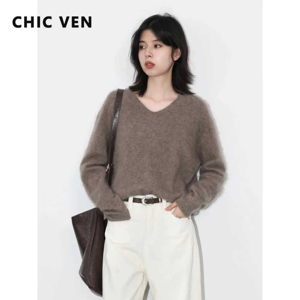 CHIC VEN New Women's Woolen Sweaters Solid Loose Casual Oversized V-Neck Female Jumpers Plus Sizes Pullovers Autumn Winter 2026 Z260924