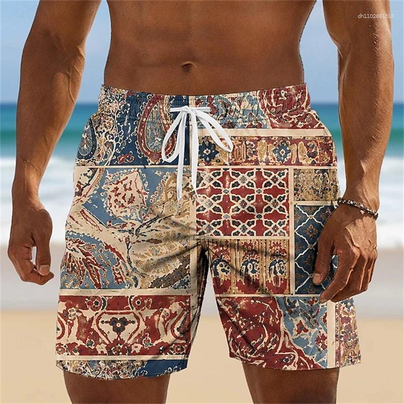 Men's Shorts Vintage Tribal Graphic Ocean Print Drawstring Casual Loose Fit For Spring Summer Daily & Beach Vacation Activities
