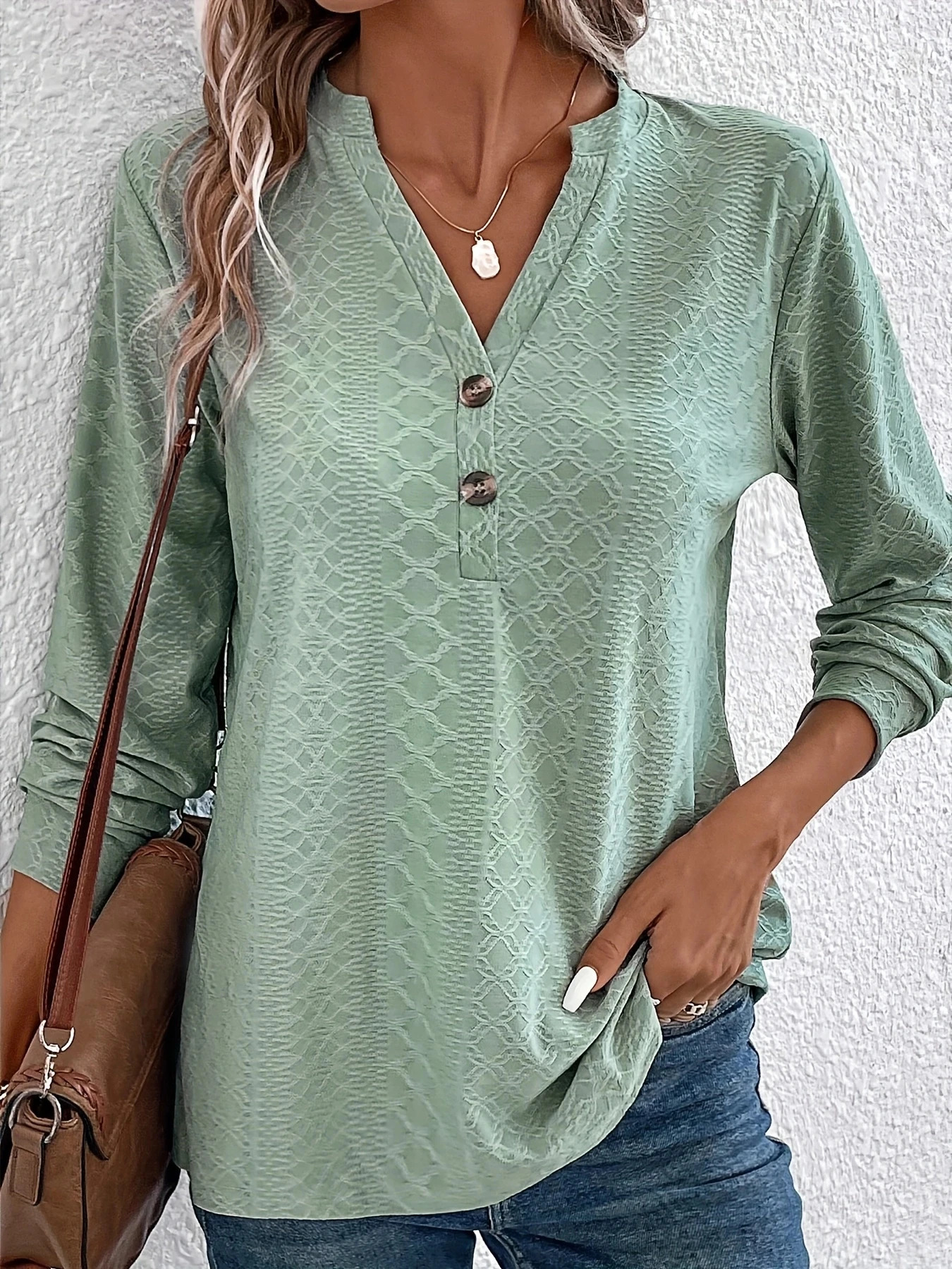 Womens Fashion Texture Solid Color Button Vneck Long sleeved Top 260928