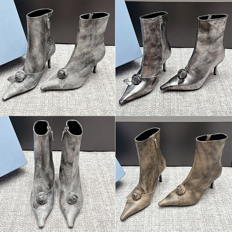 Women Leather Ankle Boots Designer Retro Brushed Folded Boots Flower Accessories Stiletto High Heels For Street Dating Show Thin Temperament Short B