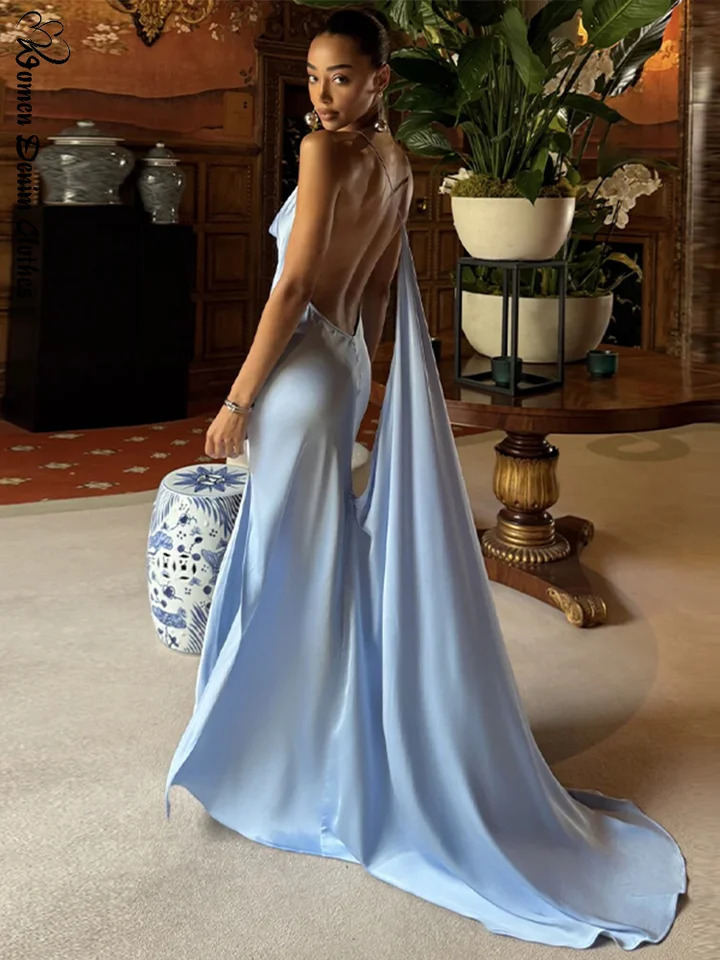 Chic Women Satin Backless Dress Sexy Swing Collar Spaghetti Strap Side Slit Female Dresses Summer Lady Beach Party Robe 260923