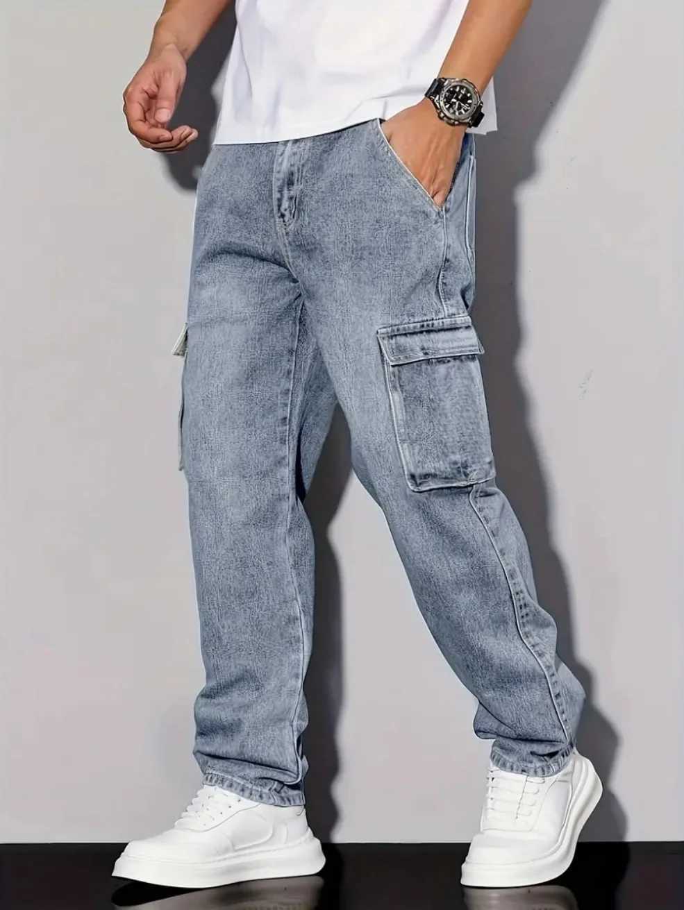 Men's American Retro Casual Cargo Jeans Loose Fit Solid Color Fashion Essential S2609242VUA
