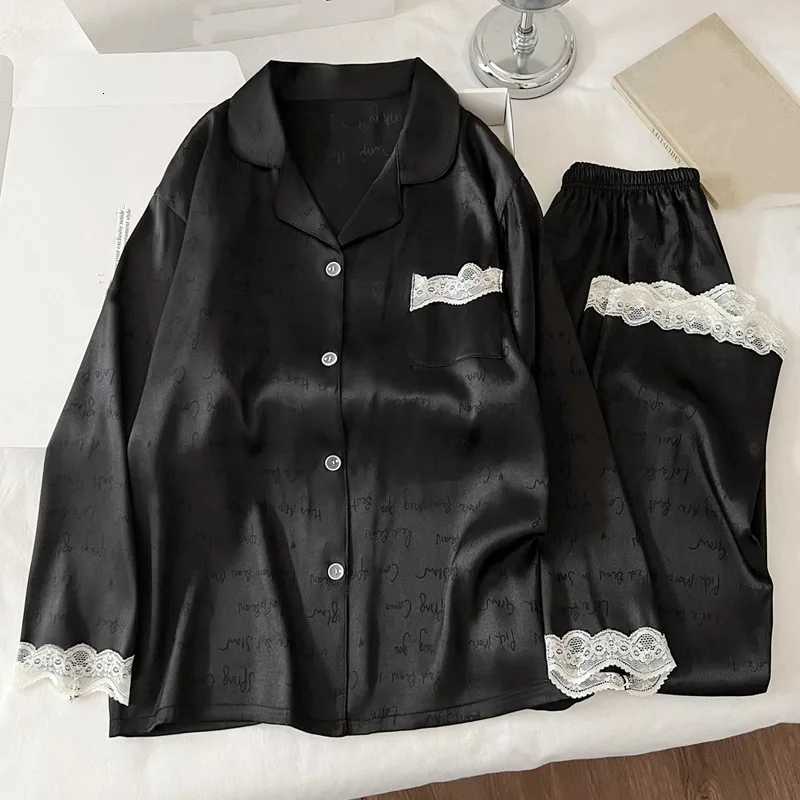 Women's Sleep Lounge Korean Style Letter Print Lace Women's Pajamas Set Lapel Neck Long Loungewear 2025 New Autumn Simple Soft 2 PC Set Sl