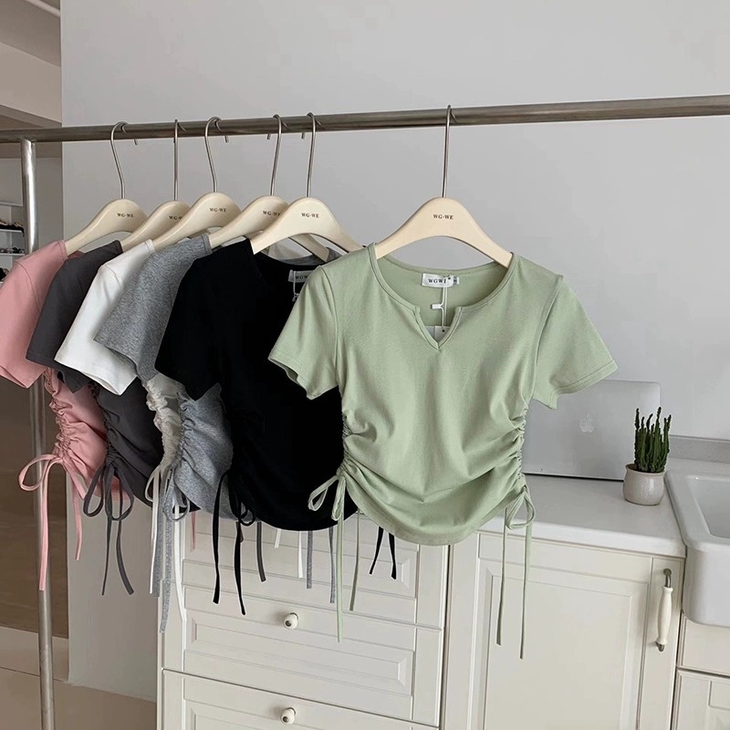 plus Size Drawstring V-Neck Short Sleeve Asymmetrical Slim Fit T-Shirt Women's Summer New Design Commute Style Korean Version