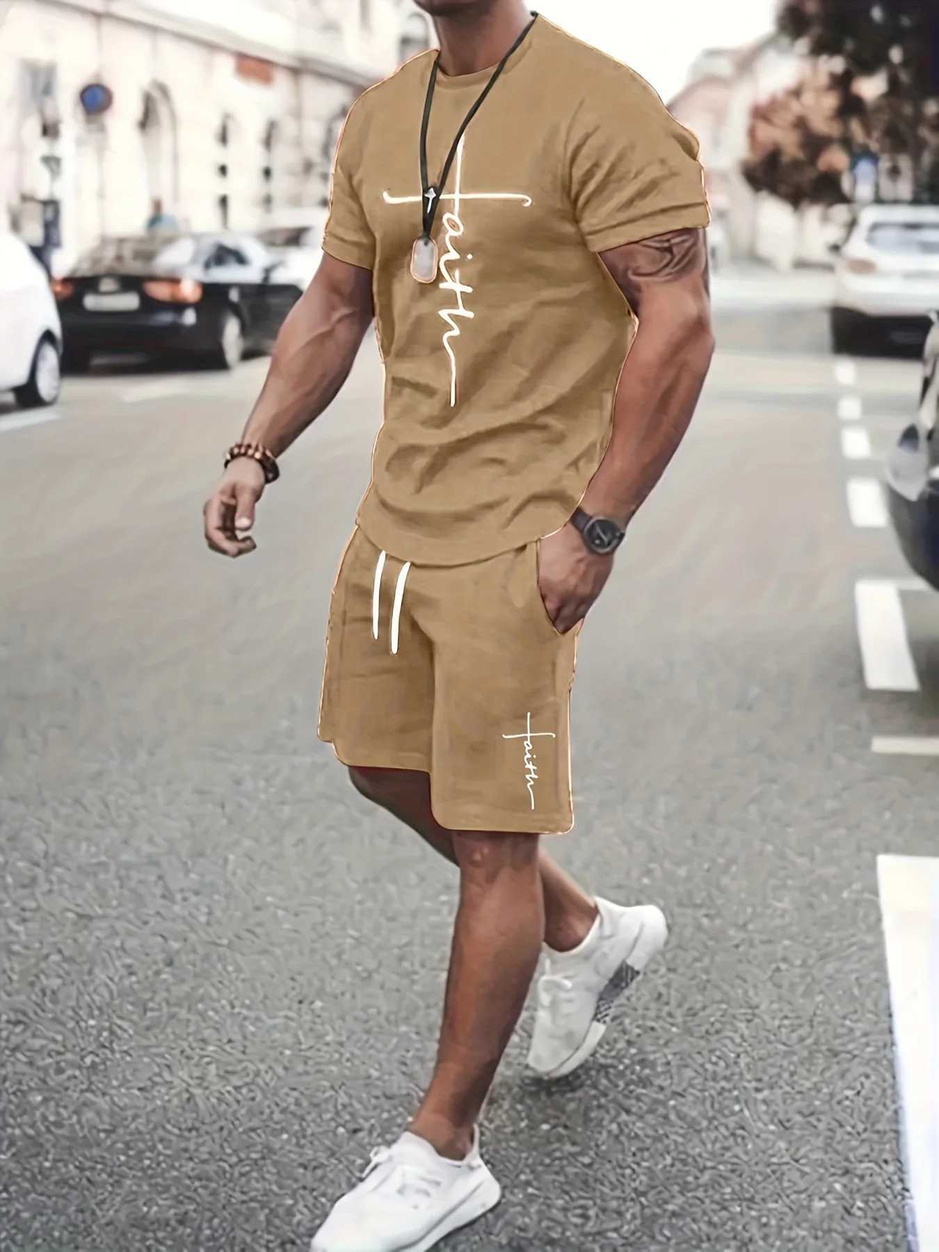 Men's Set Stylish Men's Cross Print Short-Sleeve Shirt Shorts Two-Piece Set Relaxed Fit Streetwear Athletic Mens Plus Size Set T260924