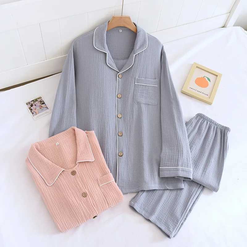 Women's Sleep Lounge 2026 Spring and Autumn Japanese New Couple's Pajama Set 100%Cotton Crepe Cloth Men's and Women's Solid Colo