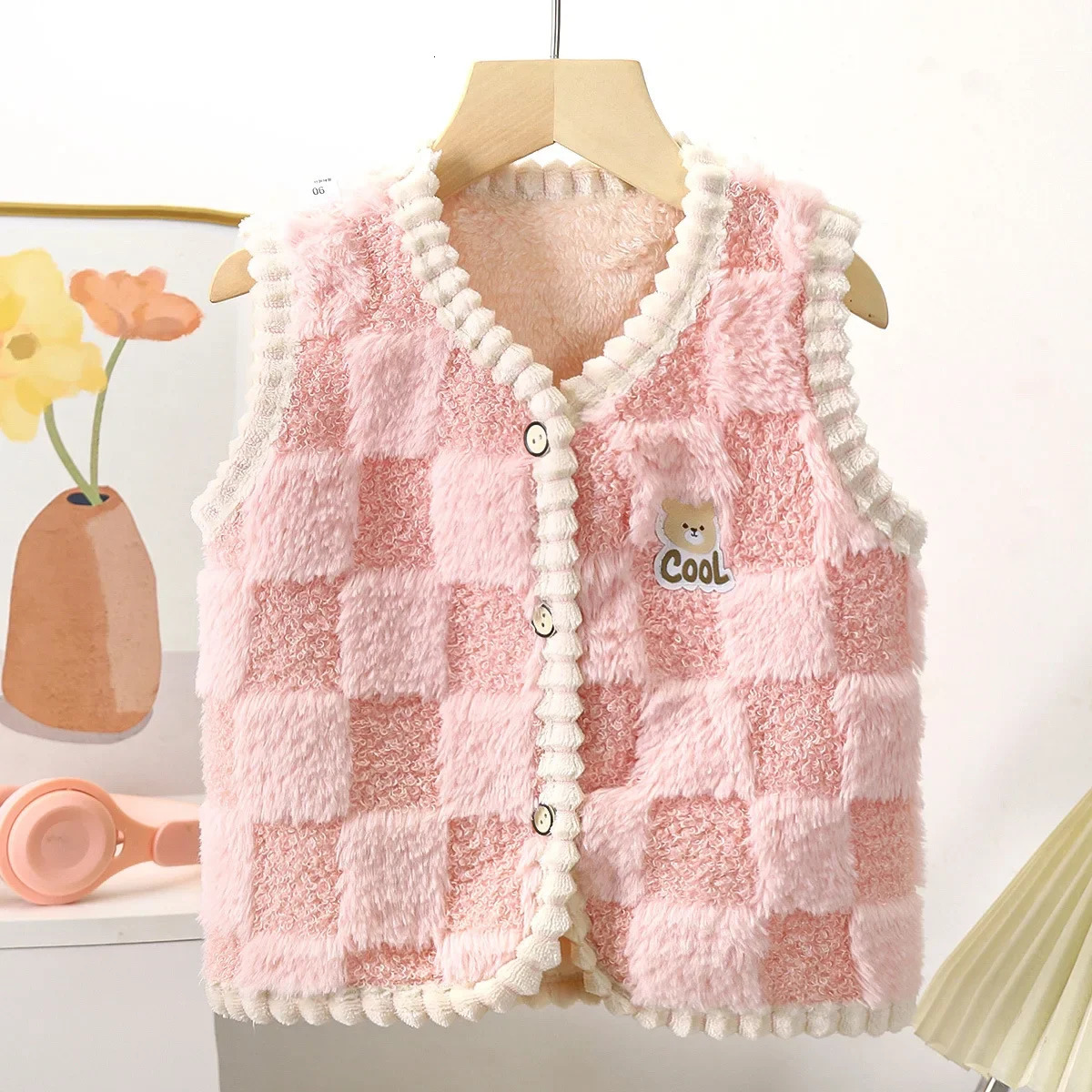 Autumn Winter Children's Coat Kids Fleece Vest Baby Double Thick Warm Gilet Checkered Pattern Boys Girls Sleeveless Outerwear 260923