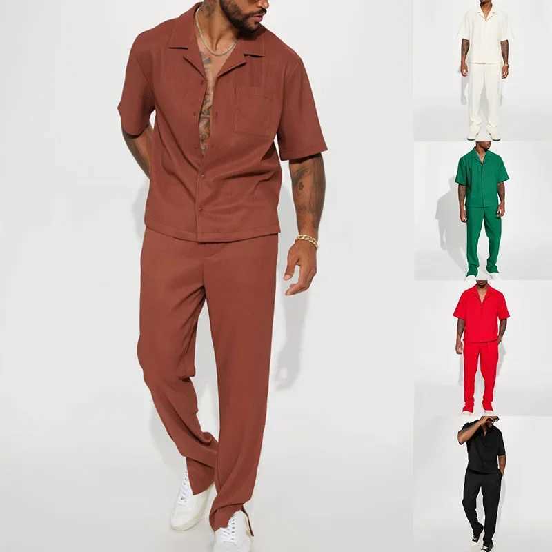 Fashion New Men's Solid 2 Piece Sets Casual Streetwear Loose Short Sleeve Lapel Shirt and Pants Outfits Spring Summer Tracksuits T260924