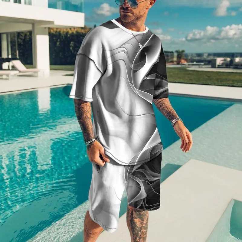 New Fashion T-shirt and Shorts Set Street Men's Clothing Men's set 3D Short Sleeve Loose Casual Colorful Line Printing suit T260924