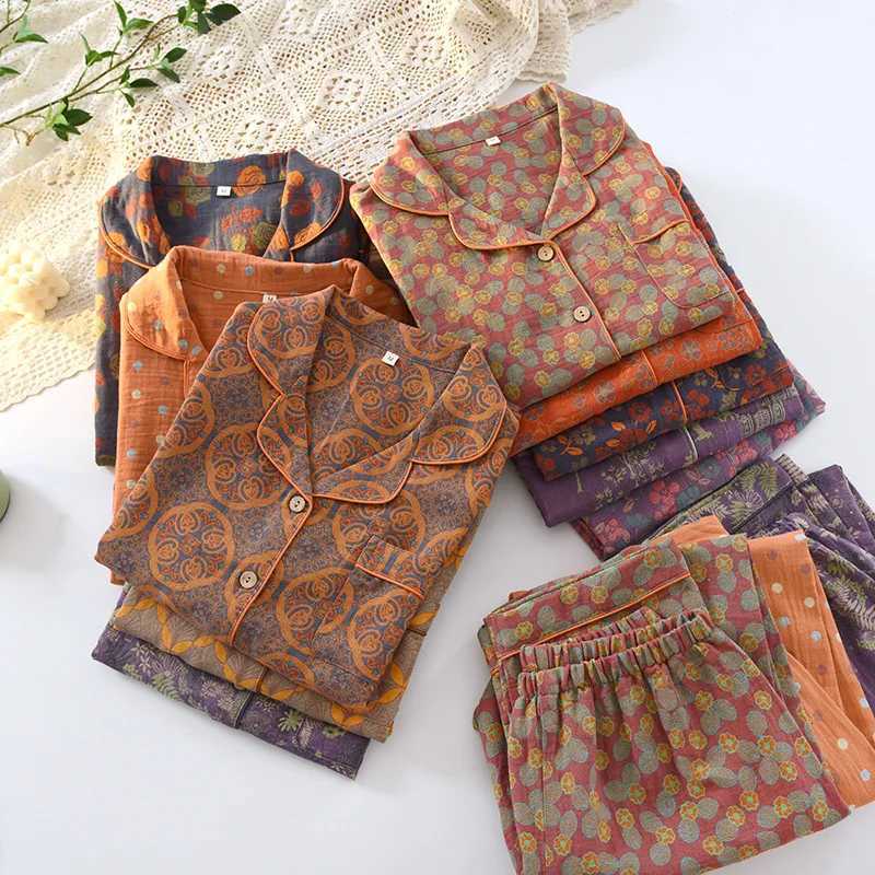 Women's Sleep Lounge Spring and Autumn Cotton Yarn-dyed Double-layer Yarn Jacquard Women's Pajamas Lapel Long-sleeved Trousers Loungewear