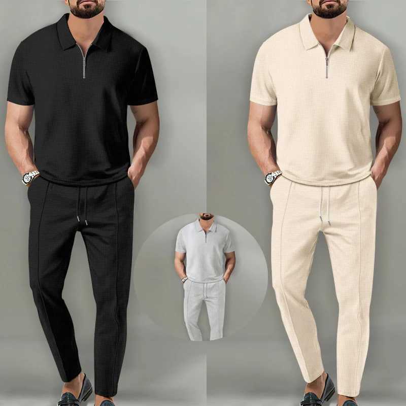 2025 Spring/Autumn New Men's Solid Color Waffle Collar Short Sleeve Zipper Pants Polo Set T260924
