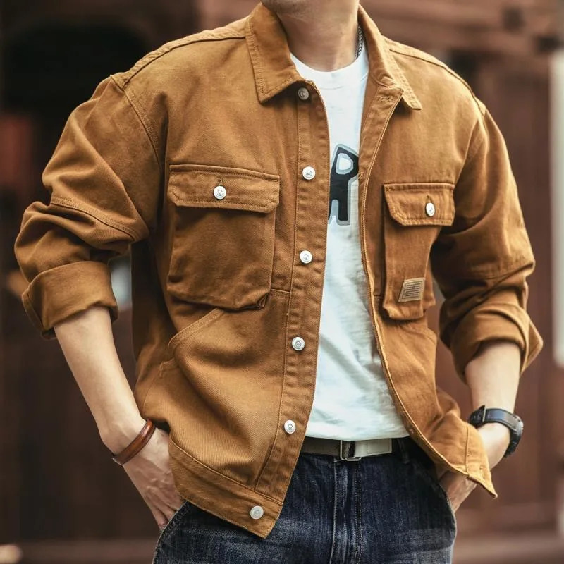 2024 Spring and Autumn Fashion Solid Color Retro Cargo Jacket Men's Casual Loose Comfortable Large Size Cotton Denim Coat 260921