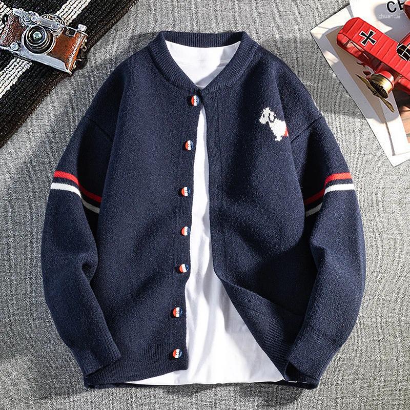 Fashion Autumn Winter Knit Cardigan High-End Brand Classic Stripe Design Men's Round Neck Cute Puppy Print Korean Casual Sweater