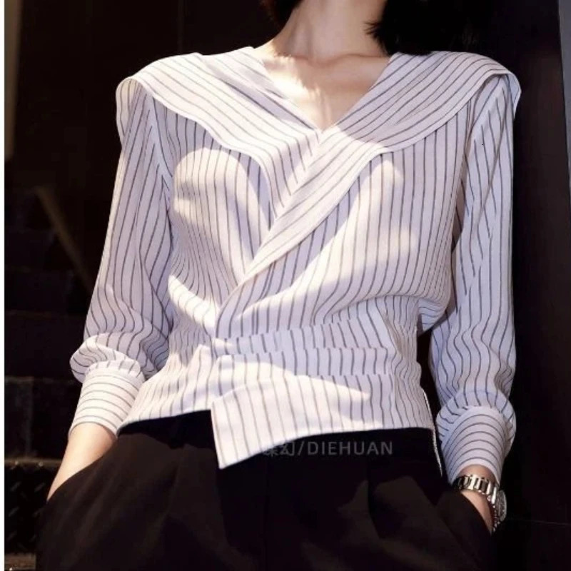 Elegant Spring Autumn Irregular Long Sleeve Striped Shirt Tops V Neck All-match Office Blouse Fashion Vintage Women Clothing 260923