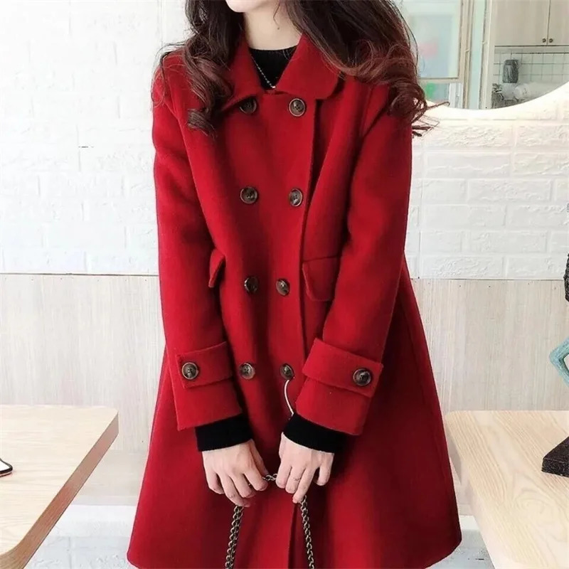 Year's Red Double Sided Woolen Coat For Autumn Winter2025 Mid To Long Style With Bull Horn Buckle High Grade 260923
