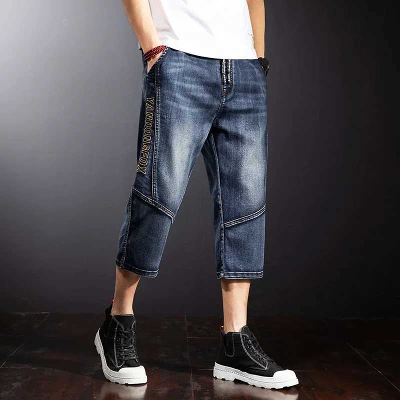 Men's Jeans American Summer Men's Loose Denim Cropped Pants Fashionable Street Hip-hop Skateboard Workwear Ripped Jeans Plus Size Pants H2
