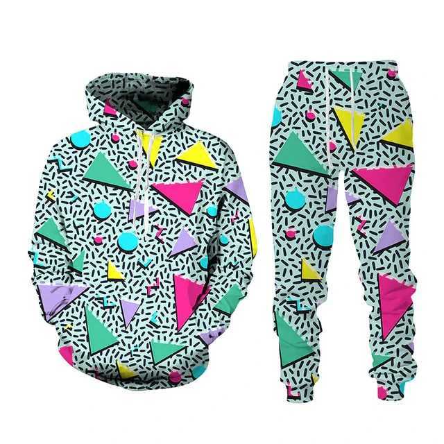80s 90s Retro Geometric 3D Printed Hoodie Pant Sets Men's Casual Sweatshirts Sweatpants Two Piece Suits Man Tracksuit Clothing T260924