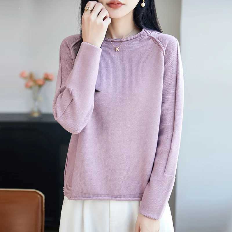 Women's Sweaters High end 100% cotton sweater women's autumn and winter casual solid color knitted pullover loose round neck women's