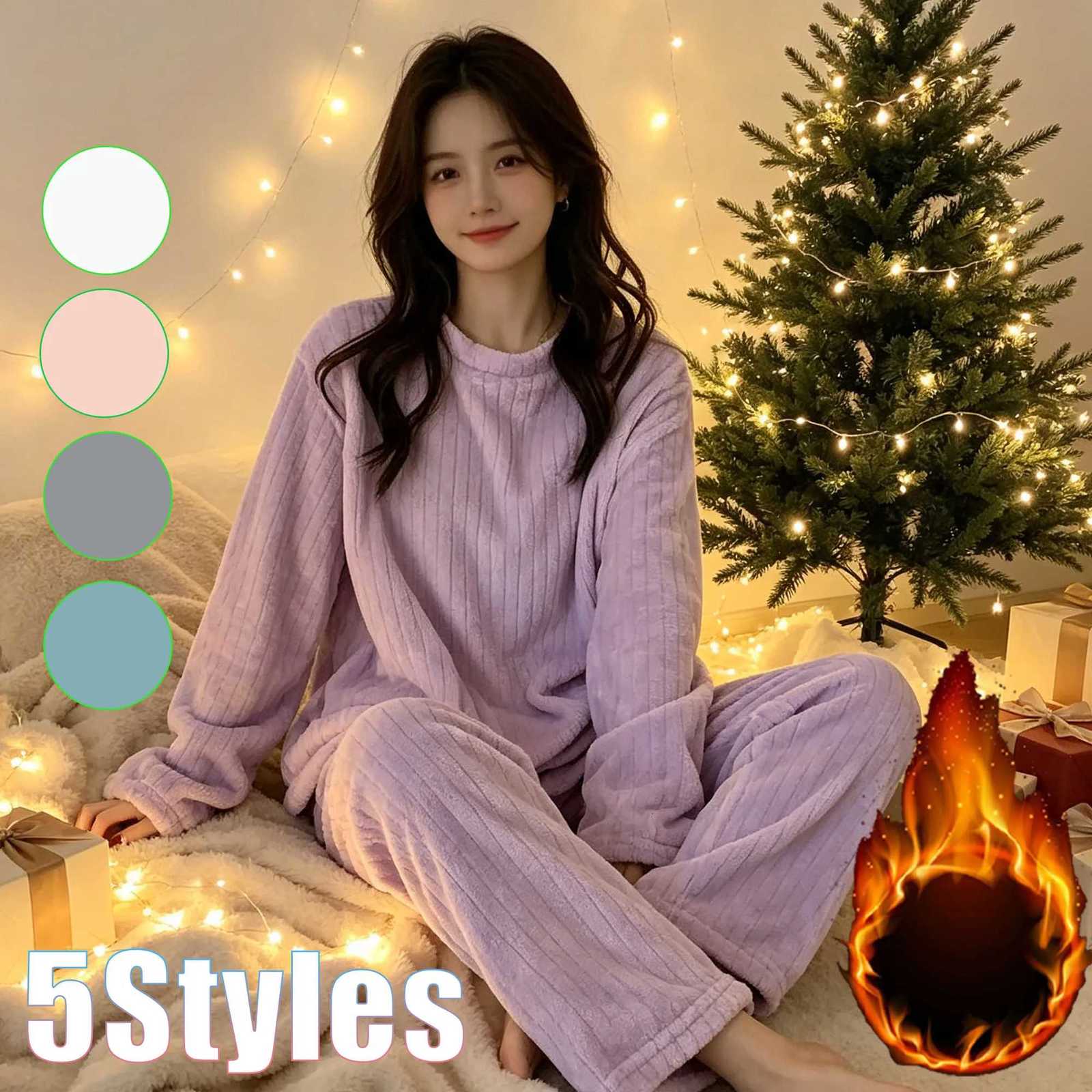 Lounge Women's Sleep Women Fleece Leisure Pajama Set Long Sleeve Loungewear Plush Warm Cozy Sleepwear for Fall and Winter Home CasualC260924