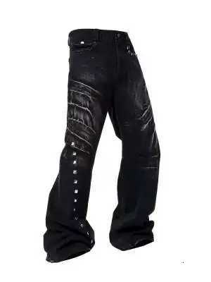 Men's Jeans 2026 Punk Y2K Style Rivet Design Washed Black Baggy Flare Jeans Pants For Men Clothing Dark Streetwear Wide Leg Cotton Trousers H26