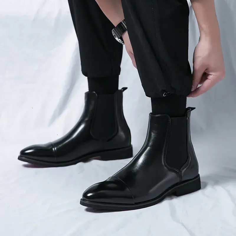 Men Shoes Black Chelsea Red Sole Formal Ankle Spring Collection High Top Thick Soled Martin Versatile Shoes Retro Men's Leather Breathable Boot