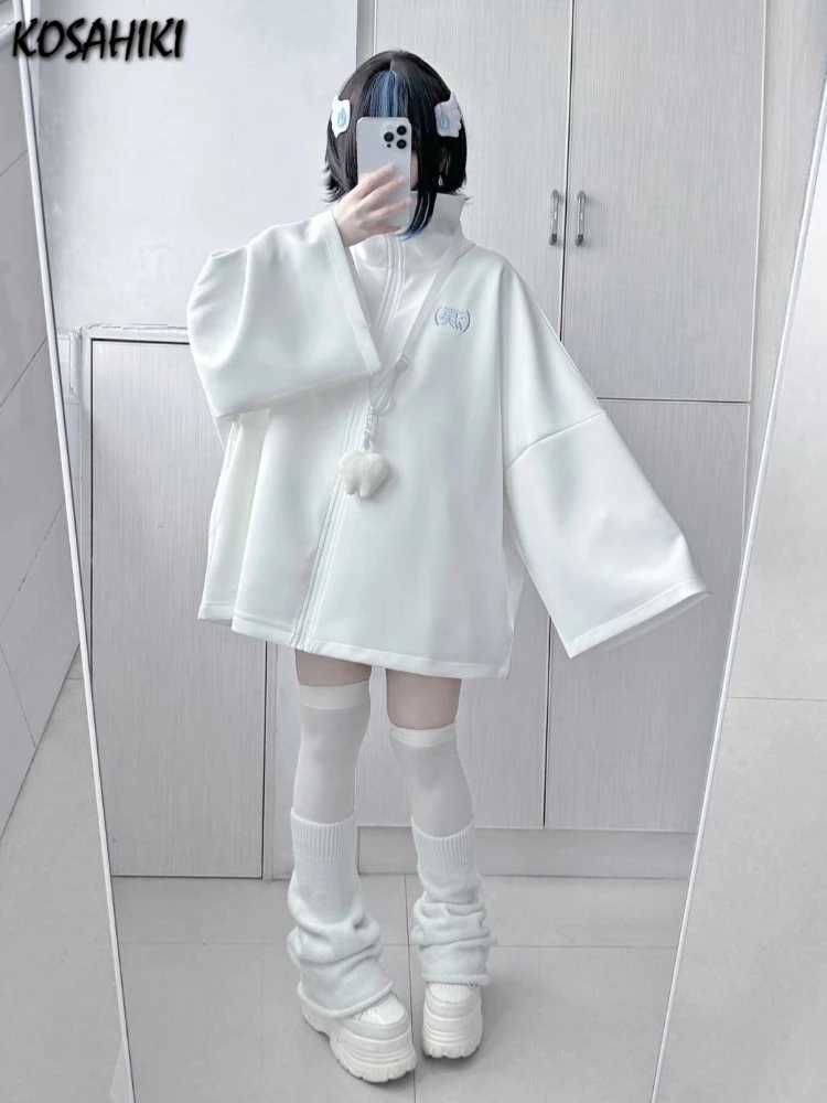 SprJapanese Casual Solid Hoodies Women Loose Y2k Aesthetic Oversized Embroidery ts Harajuku Zipper Grunge Sweatshirts T260923