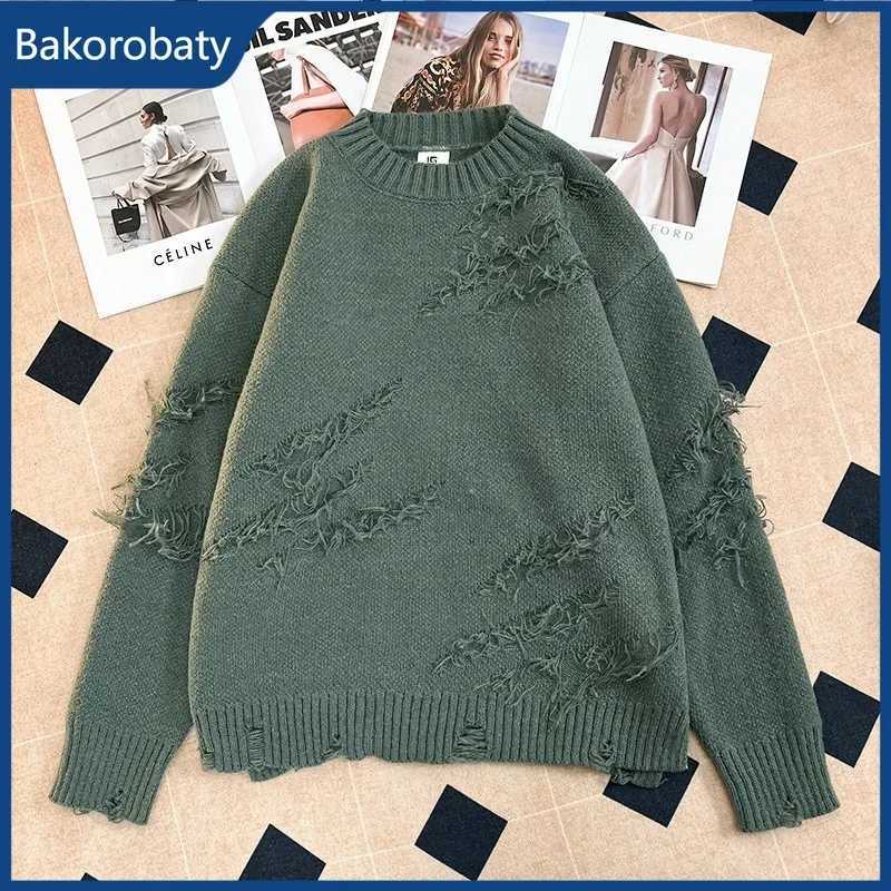 Spring Men's Sweaters Harajuku Fashion Ripped Sweater For Man Vintage Oversized Pullover Knitwear Y2K Streetwear Hip Hop Hole Pullovers Jersey