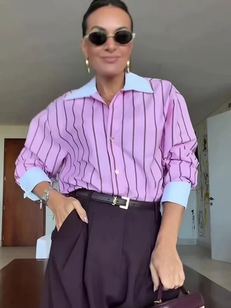 Spring Womens Casual Stripes Pink Shirts Trendy Vacation Buttons Lapel Shirts 2026 Summer Fashion Female Streetwear 260924