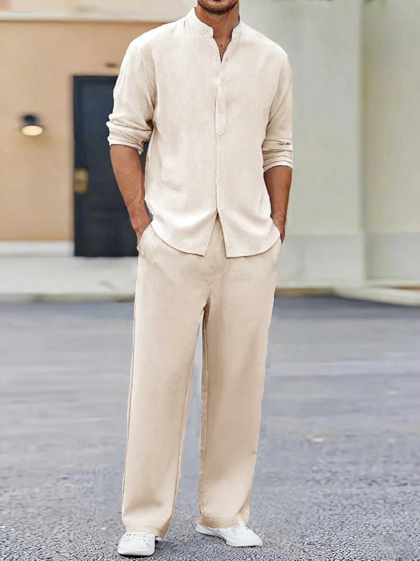 Summer Men's Two Pieces Casual Outfit Loungewear Solid Color Long Sleeves Shirt Breathable Trousers Suits Men Loose Streetwear T260924