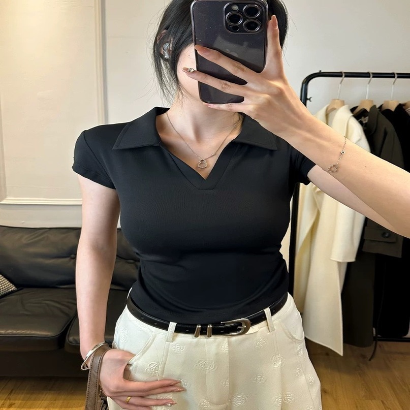 Cotton Summer Sexy Womens T Shirt Skinny Slim Basic Solid Crop Top Short Sleeve Polo TShirtCasual Tee for Women 260907