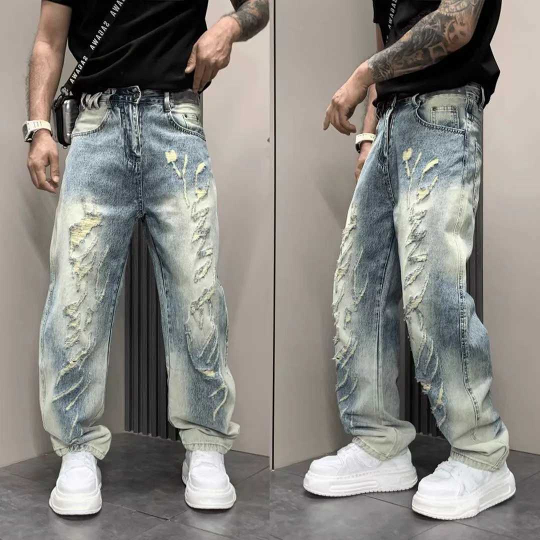 Jeans da uomo Pantaloni da uomo Classic Straight Fit Jeans strappati sbiaditi Pantaloni in denim Casual larghi slim eleganti Street Retro Blue S2609