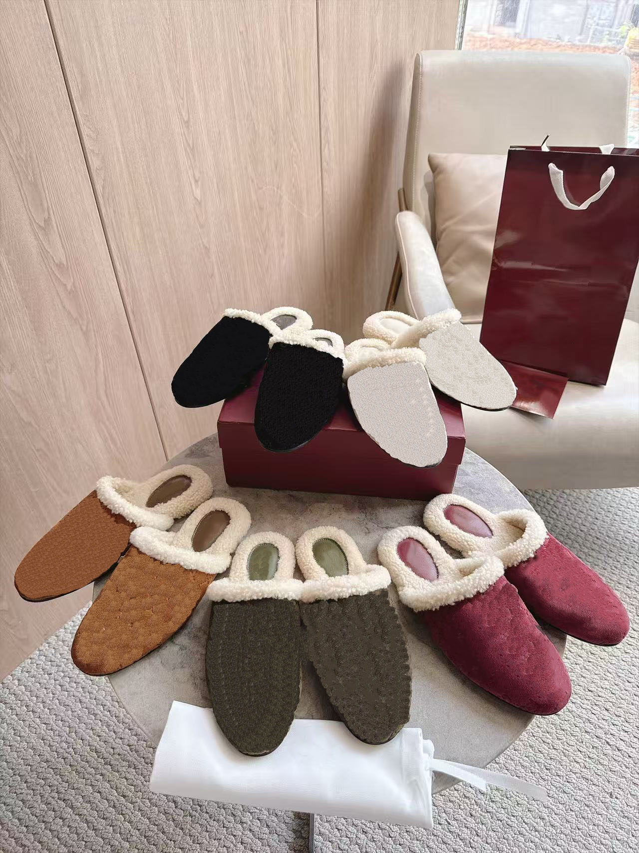 10A High-Quality Luxury Designer Off-White Embossed Plush Open-Back Slip-On Women's Metal Horsebit Flat Mules Cotton Slippers