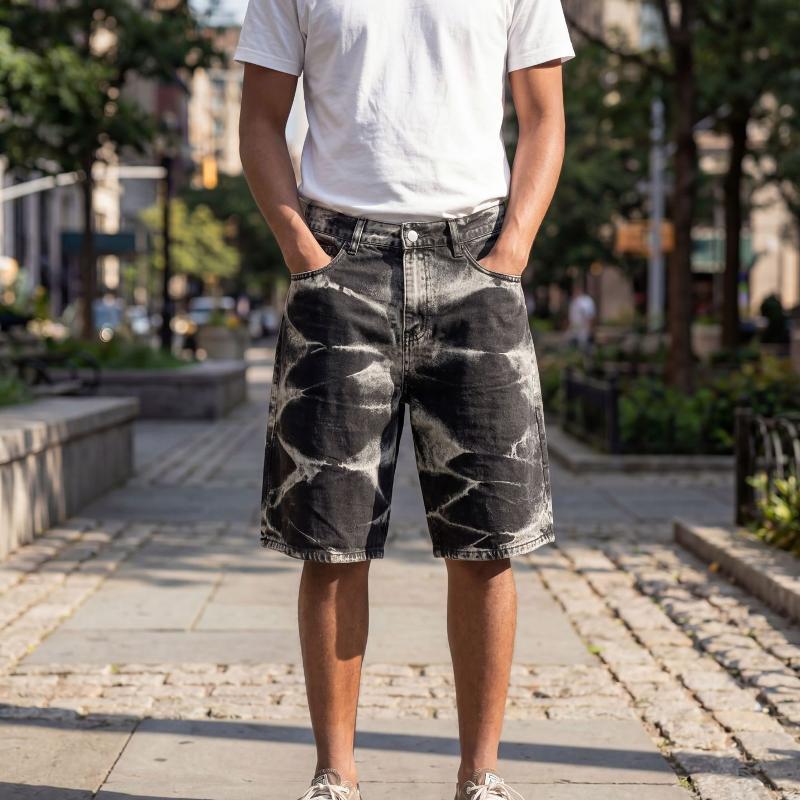 Mens Marble Bleach Wash Denim Bermuda Shorts Black Tie Dye Pattern Mid Waist Loose Straight Casual Denim Shorts