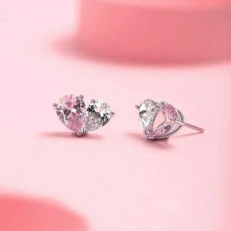 Real Money 925 Sterling Stud Silver Women's Earrings Pink Crystal Heart Shaped Water Droplet Zircon Best Gift for Wedding Jewelry N260923