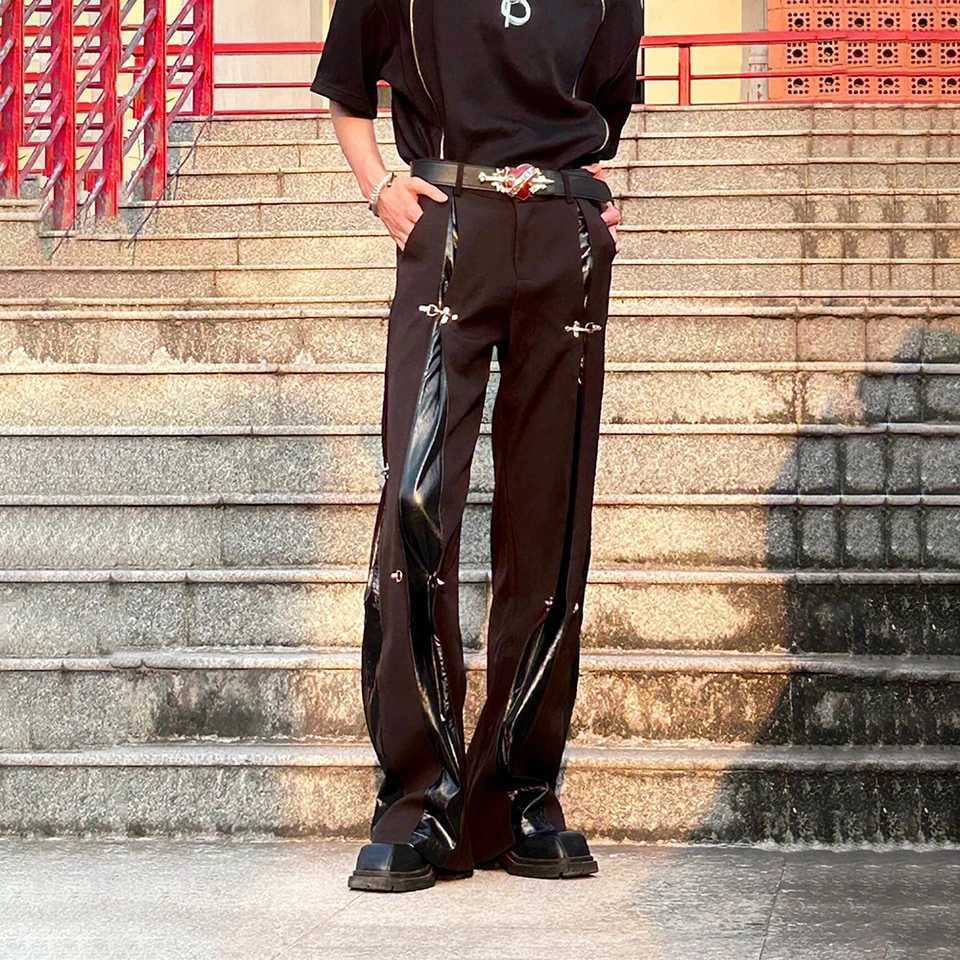 Mens Pu Leather Patchwork Y2k Airplane Buckle Casual Pants Streetwear Fashion Youth Straight Leg Pants Men'S Clothing 2026 New S260924JPWW