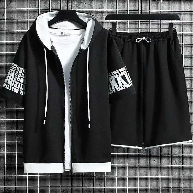 Summer Thin Men's Sports Suit 2-piece Set Casual Hooded Quick Dry Running Exercise Clothes Short Sleeve Shorts T260924