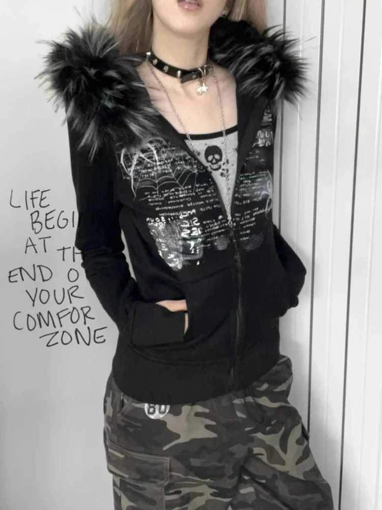 Y2K European and American spice gis fur collar rhinestones retro autumn and female zipper t slim hooded sweater T260923