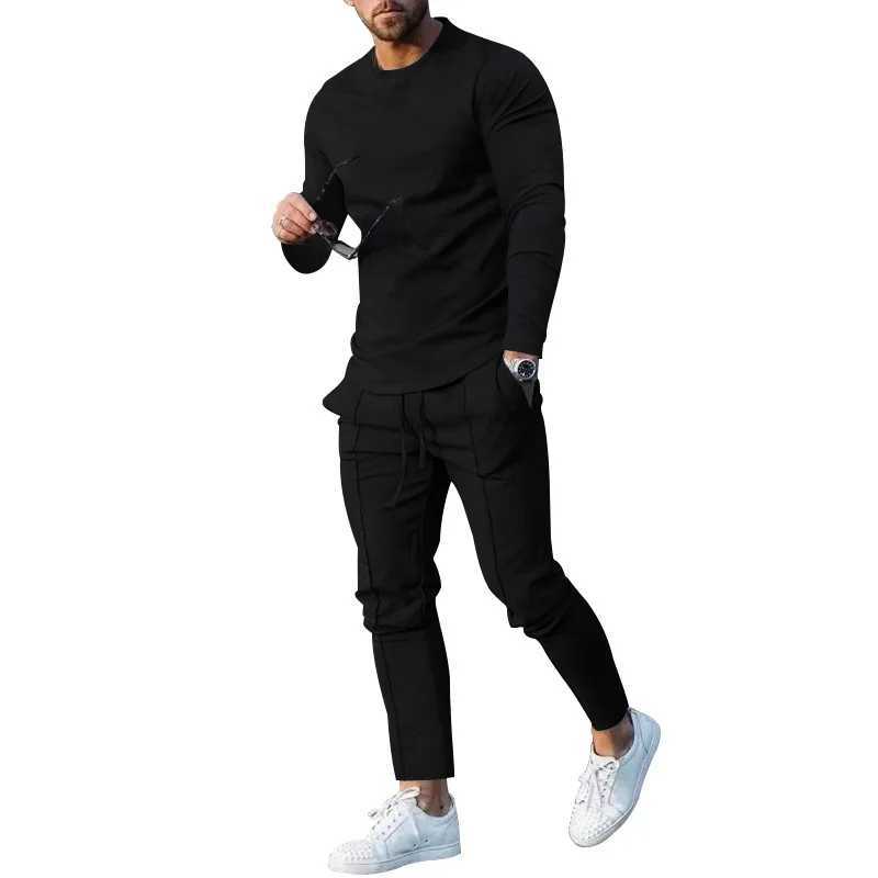 2026 Spring Two-Piece Set Crew Neck Long-Sleeved T-Shirt Trousers Solid Color Casual Men's Suit T260924