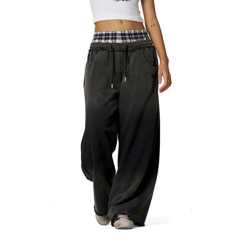 Men's Pants Mens Pants Washed Plaid Patchwork Double Waist Straight Leg Trousers Harajuku Unisex Low Rise Loose Fit Casual Streetwear New H2609