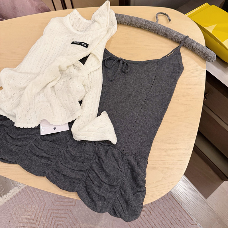 Chic Women Knitted Tee Vest Set Long Sleeve Knit Tops Ruffle Hem Singlet Spring Autumn Casual Preppy Date Party Knitwear